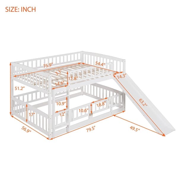Full Over Full Low Bunk Bed with Slide, with Fence and Ladder for Toddler Kids Teens