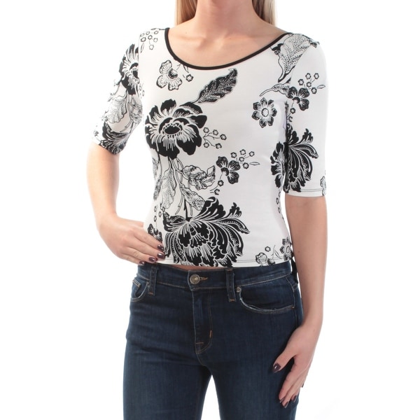 GUESS Womens White Tie Floral 3/4 Sleeve Jewel Neck Top Size: XL