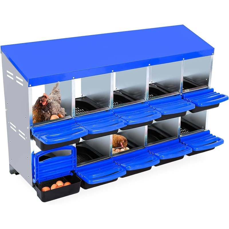 10-Hole Metal Chicken Nesting Box or Easy Cleaning - Blue 10 Compartments without Legs