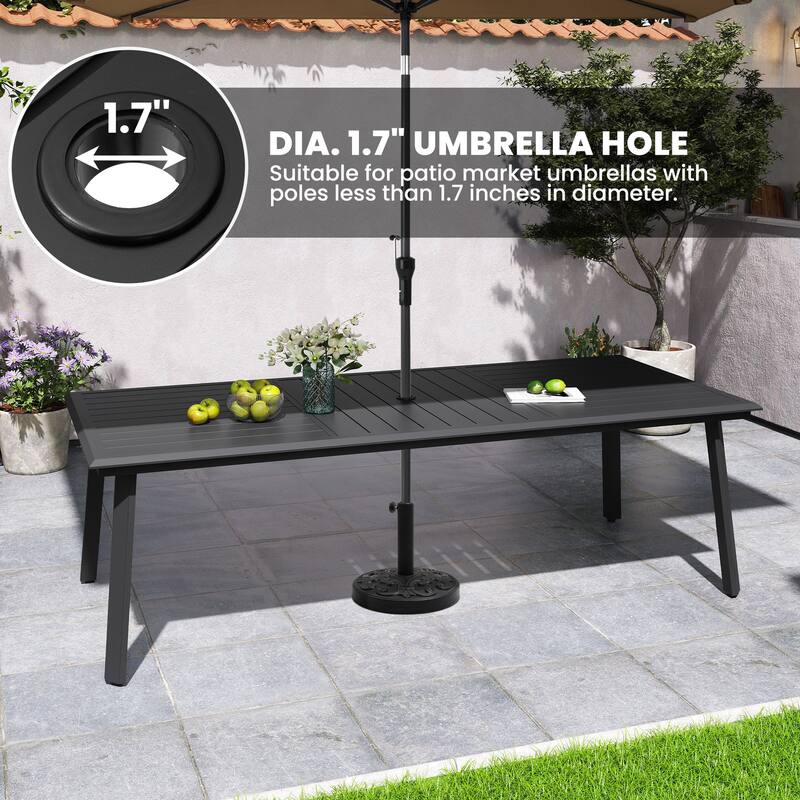 7/9/11 Piece Set Outdoor Aluminum Dining Table with Umbrella Hole for 6-10 Person and Stackable Dining Chairs
