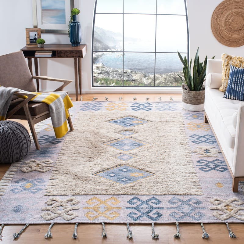 SAFAVIEH Handmade Saffron Kaylynn Modern Tribal Cotton Rug - 8' x 10' - Beige/Blue