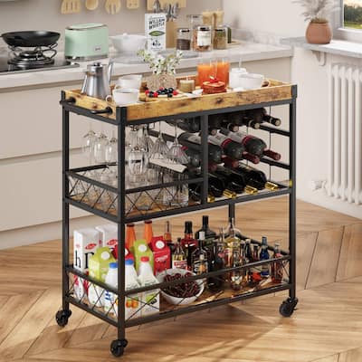Bar Serving Cart, Bar Cabinet, Mobile Wine Cart with Lockable Wheels