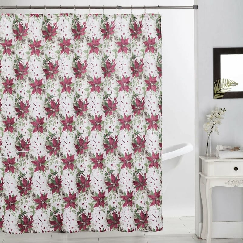 Holiday Shower Curtain 70 x 70 Dobby Printed Christmas Design Bathroom Decor - Pinecone Poinsettia