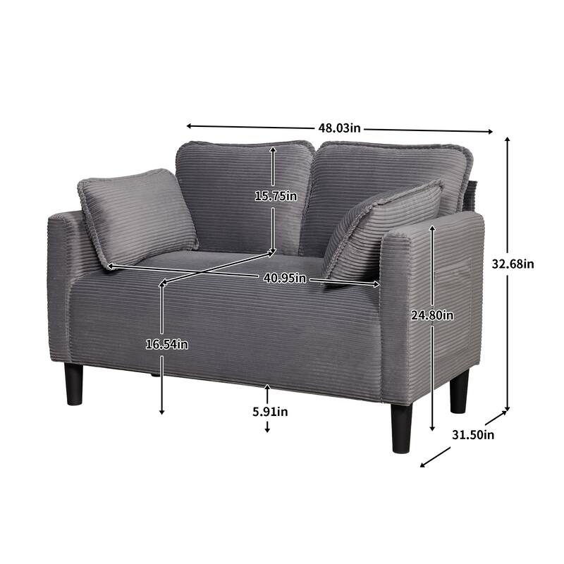 48" Corduroy Loveseat Sofa with Side Storage Pocket, 2-Seater Couch, Solid Wood Frame for Apartment