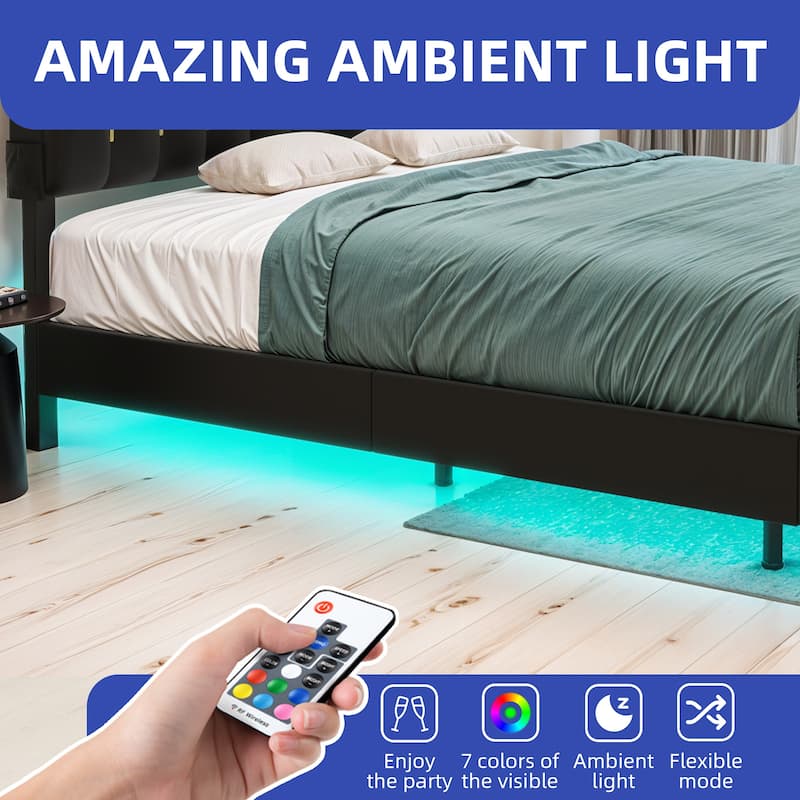 Moasis King Black Floating Bed Frame Upholstered Platform Bed with RGB LED Lighting