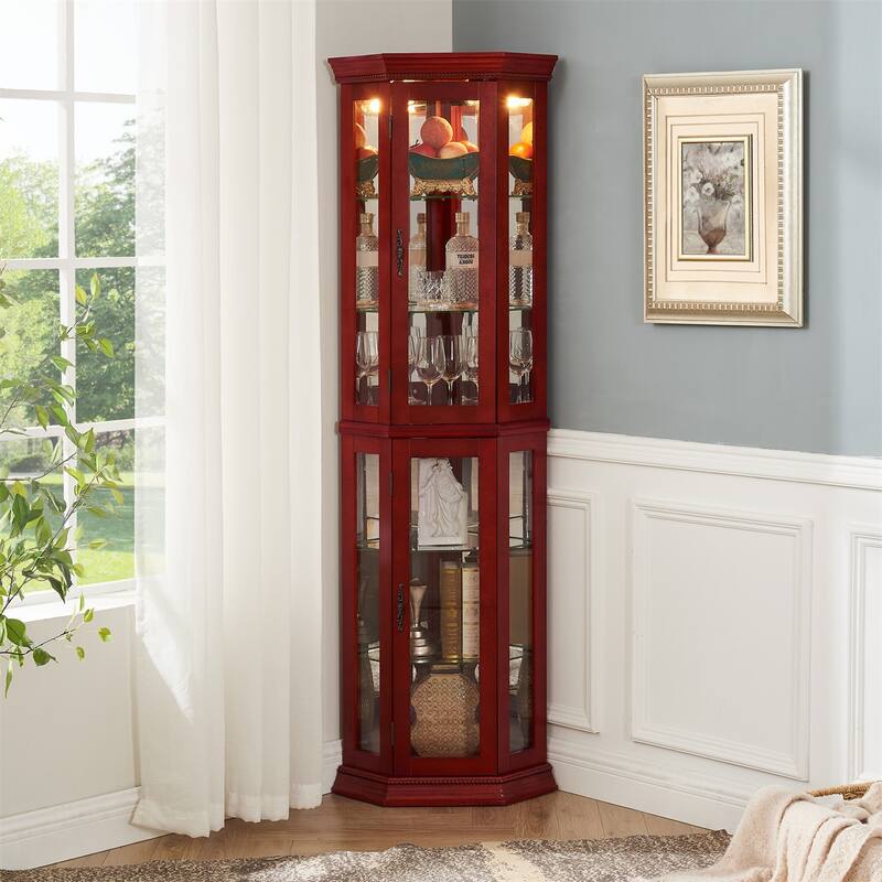 Lighted Corner Curio Display Bar Shelf Cabinet with Tempered Glass Door