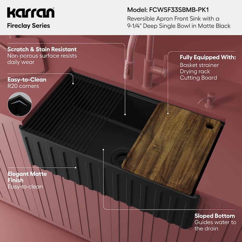 Karran 33" Single Bowl Workstation Fireclay Kitchen Sink with Reversible Fluted Apron Front