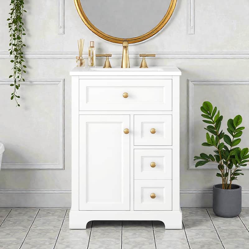 24" Bathroom Vanity with Sink, 3 Drawers and Cabinet with Door Storage Rack, MDF and Pine Wood, Modern Design - White