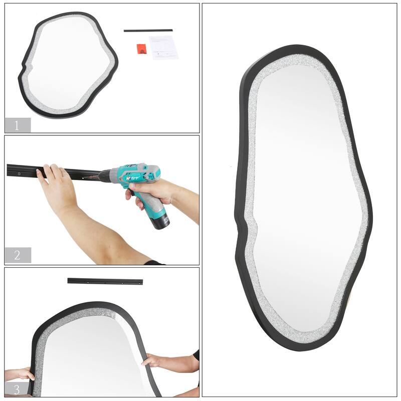 Mireve Modern Irregular Black Frame Mirror with Faux Diamond Inlay Wall Decor - W31.9"xD0.8"xH47.2"
