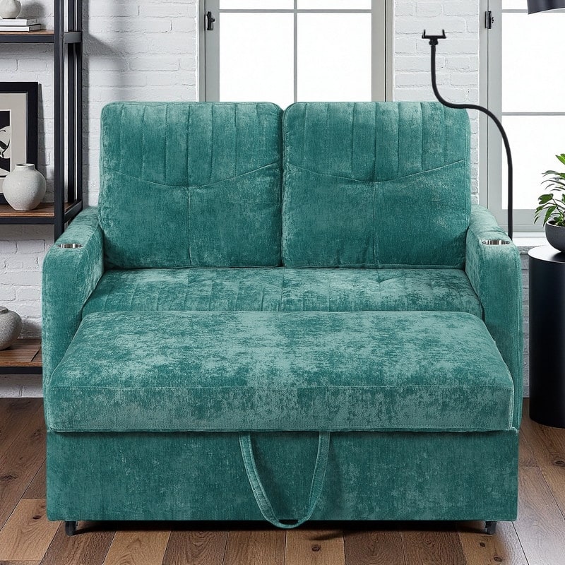 53.9" Chenille Convertible Loveseat with Pull-Out Bed, 3 USB Ports, and Smart Storage - Teal