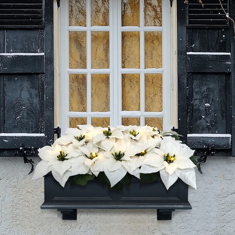 Puleo International 24" Pre-Lit Battery-Operated Artificial White Poinsettia Window Box Décor