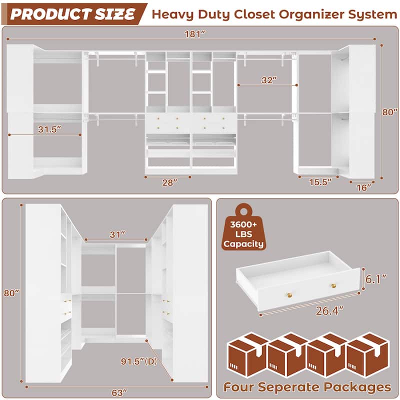 Set of 4 U-Shaped Closet Organizer System with Wood Drawers, Amoire Wardrobe with Shoe Racks