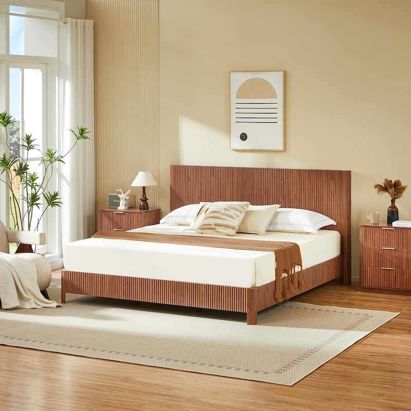 Low Profile Platform Bed, Wooden Corrugated Curved Lines Headboard Wingback Bed, Metal Slat Support Bed Frame