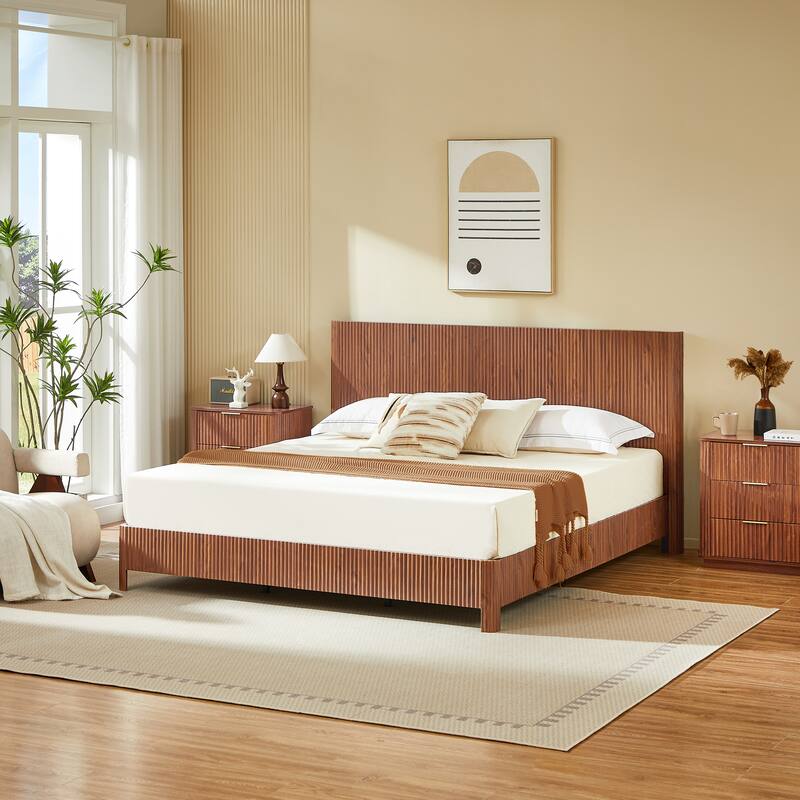 Wooden Corrugated Bed Frame Contemporary Rustic Platform Bed with 44.5" High Headboard/Metal Tubes Support/No Box Spring Needed
