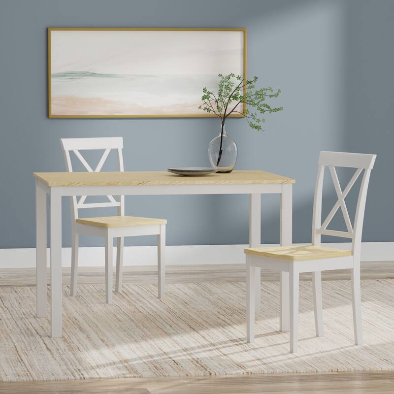 3-Piece Dining Set, 48" Rectangle Wood Table and X-Back Chairs - White/Natural Table + White/Natural Chairs