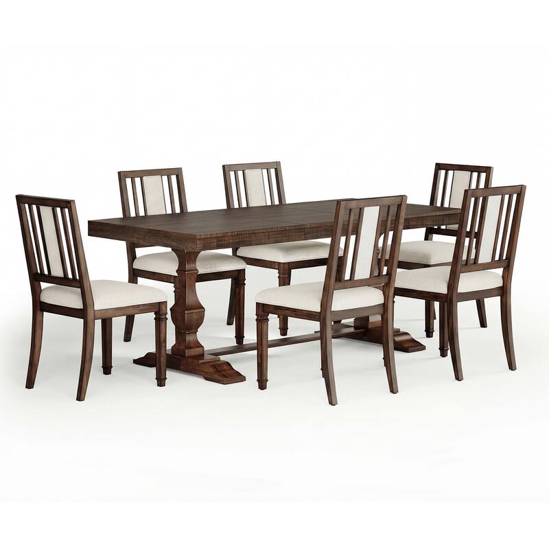 7-pieces Farmhouse Dining Table Set for 6, 74.8" Kitchen Table with Chairs, Solid Wood Legs and Upholstered Back
