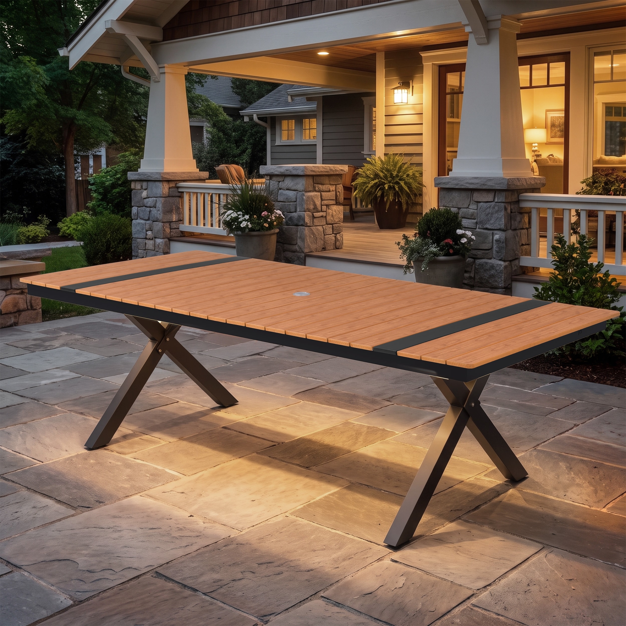 Outdoor Patio All-Weather Aluminum Dining Table with LED Light Strip & Umbrella Hole