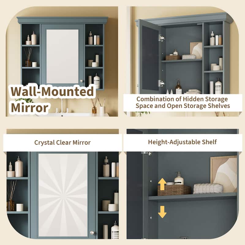Modern Bathroom Wall Cabinet with Mirror,Medicine Cabinet with 6 Open Shelves