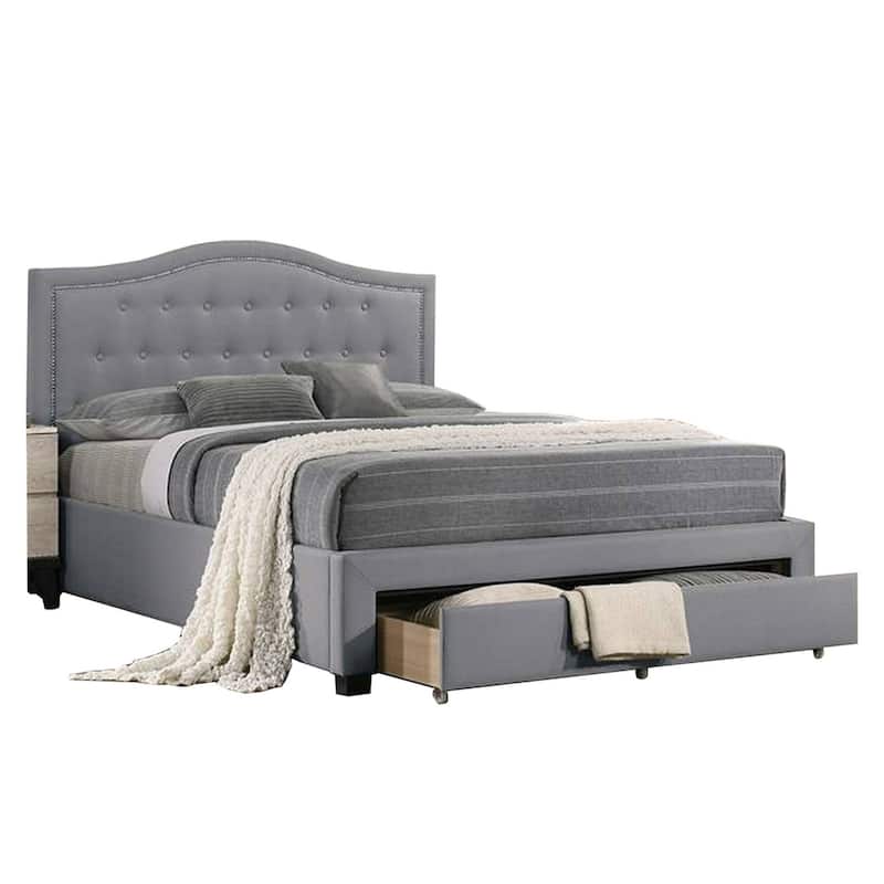 Buk Upholstered Tufted Queen Bed with Storage, Nailhead Trim, Gray Burlap