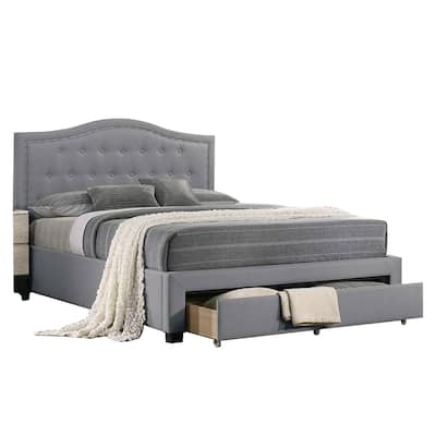 Buk Upholstered Tufted Queen Bed with Storage, Nailhead Trim, Gray Burlap