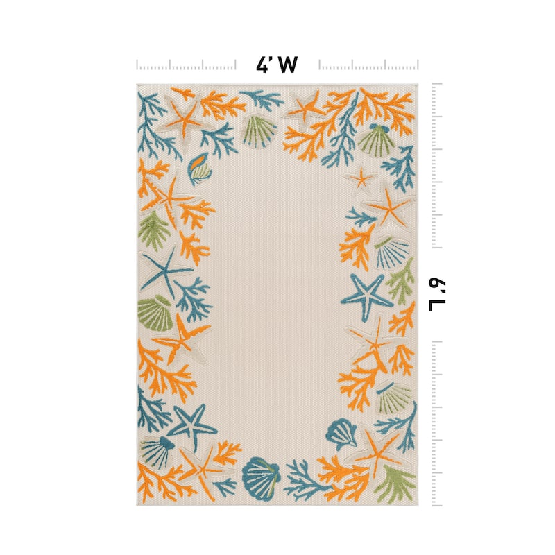 World Rug Gallery Indoor/Outdoor High-Low Textured Area Rug, Coastal Border Easy-Clean Patio Rug