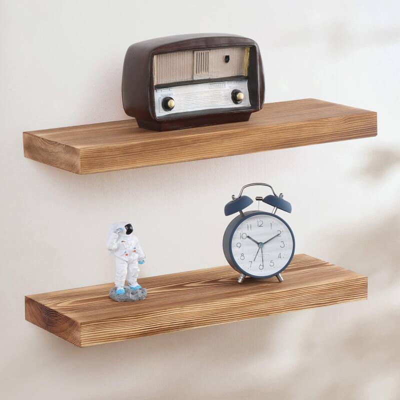Handcrafted European Pine Natural Rustic Wooden Floating Shelves Wall Mounted Set of 2 - 16Inch - Walnut
