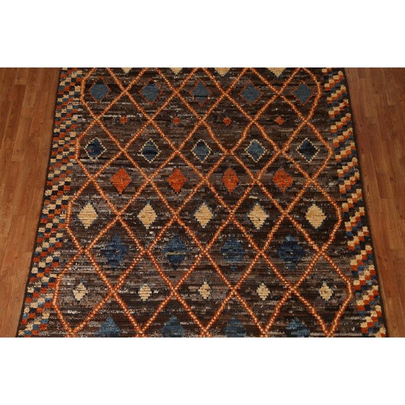 Hand Knotted Oriental 100% Wool Carpet Modern Tribal Brown Moroccan Area Rug - 9' 9'' X 6' 9''