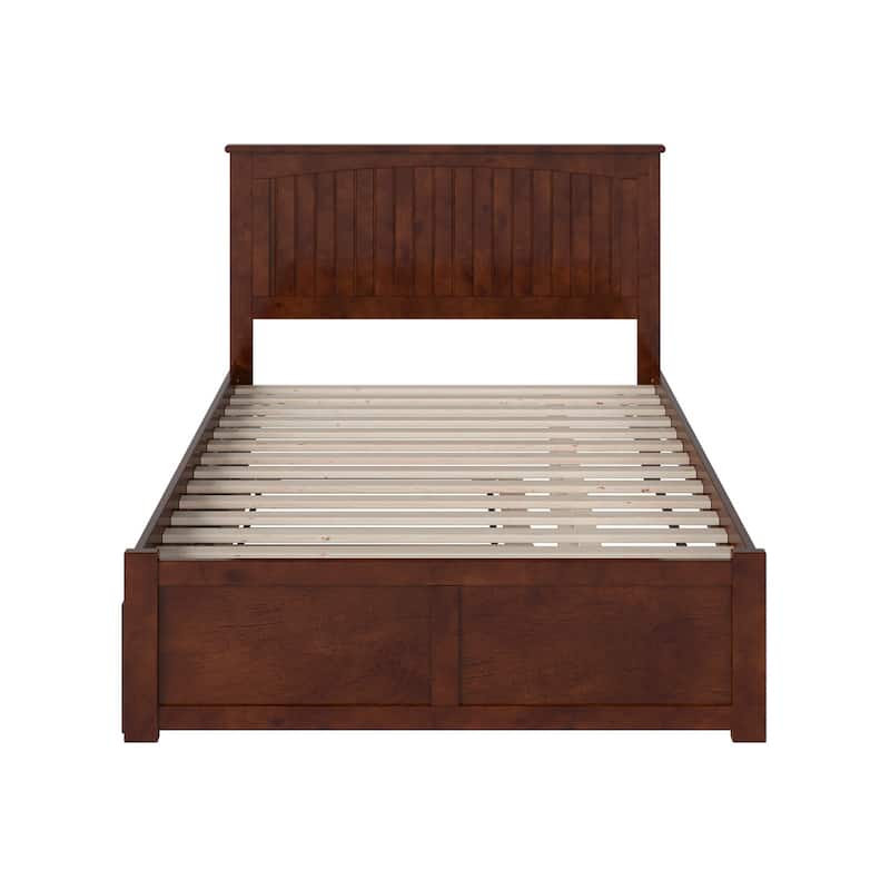 Full Wood Platform Bed with Trundle - Walnut Finish, Modern Bedroom Furniture, Space Saving Design