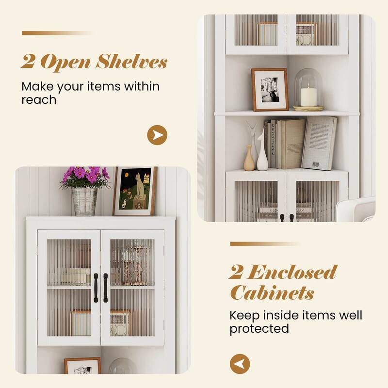 Costway 67" Tall Corner Hutch with 4 Fluted Glass Doors 3-Level - See Details