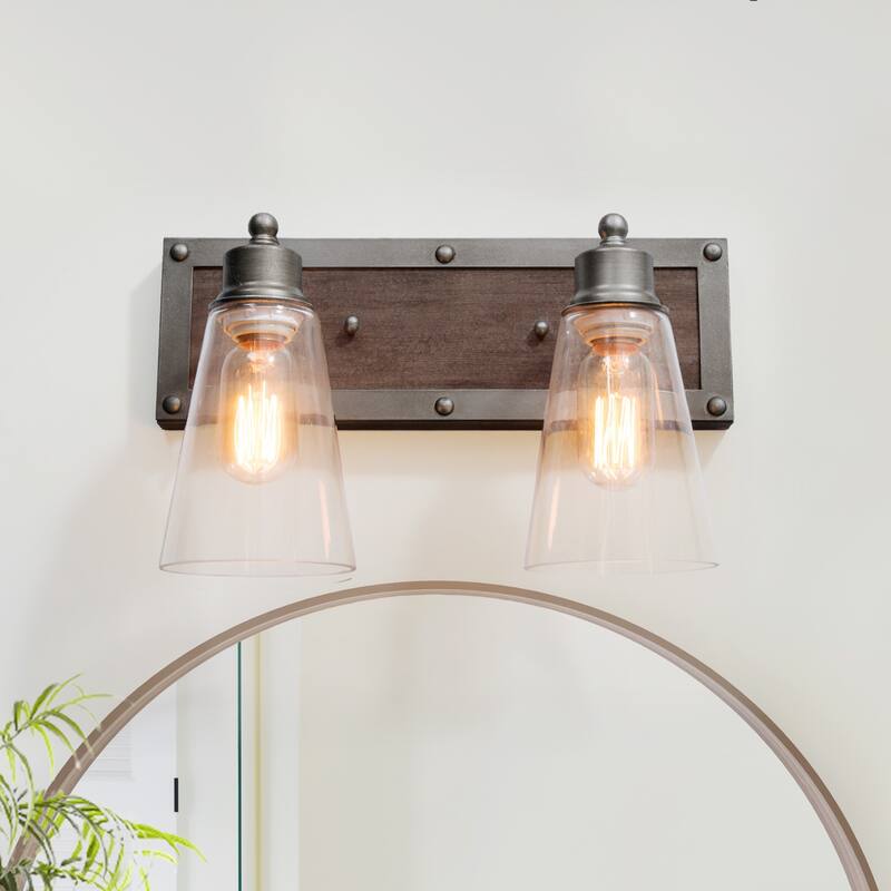 Farmhouse 2-Light Wood Wall Sconce Rustic Bathroom Vanity Light - Silver