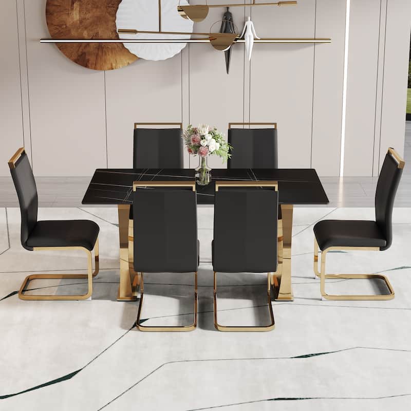 Modern Dining Set with Sintered Stone Table & PU High Back Chairs