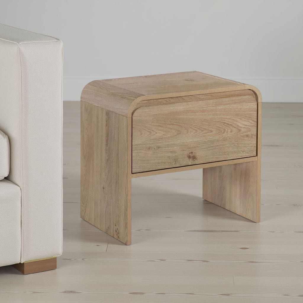 Maria Side End Table, Drawer and Waterfall Style, Beige Wood 22 Inch
