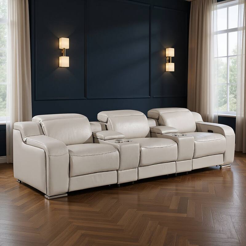 HomeRoots 129" Black Italian Leather Reclining USB Sofa - Light Gray