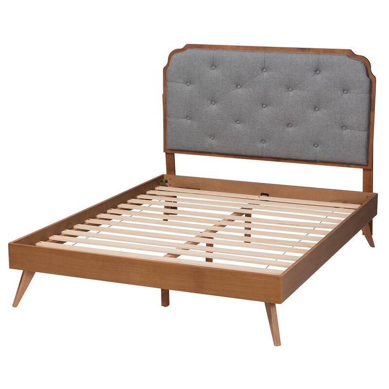 Lorana Mid-Century Modern Grey Fabric and Walnut Brown Wood Queen Size Platform Bed