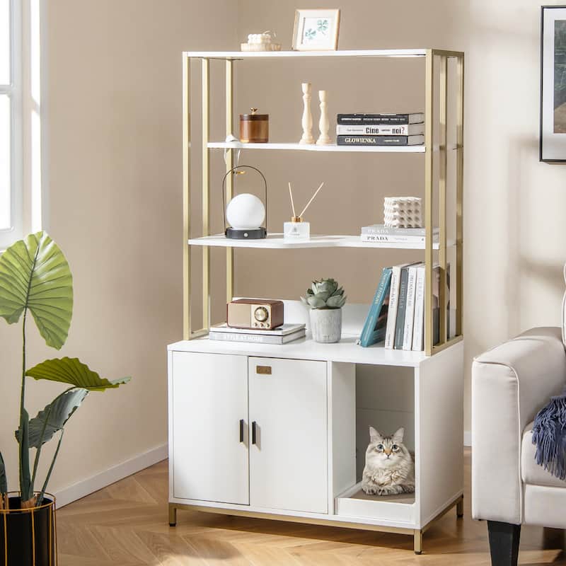 Gymax 61'' Cat Litter Box Enclosure w/ Storage 3-tier Shelves Side