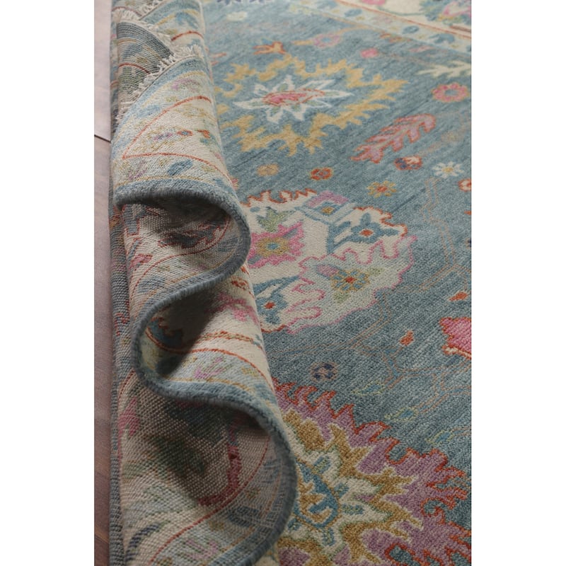 Blue Floral Oushak Oriental Area Rug Handmade Wool Carpet - 8'8"x 12'0"