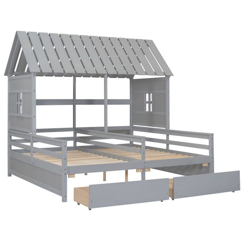 Twin Size House Platform Beds with Two Drawers for Boy and Girl Shared Beds, Combination of 2 Side by Side Twin Size Beds