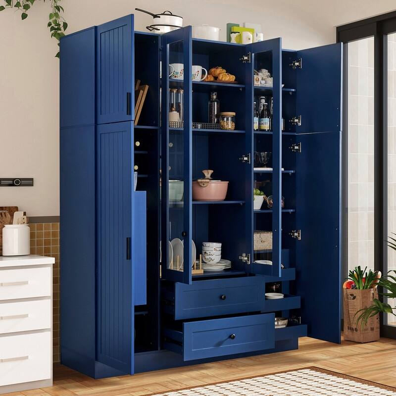 Modern 71" Tall Kitchen Pantry with Storage Cabinet, 6 Doors , Drawers, Adjustable Shelves,Pull-out Trays and Wine Rack