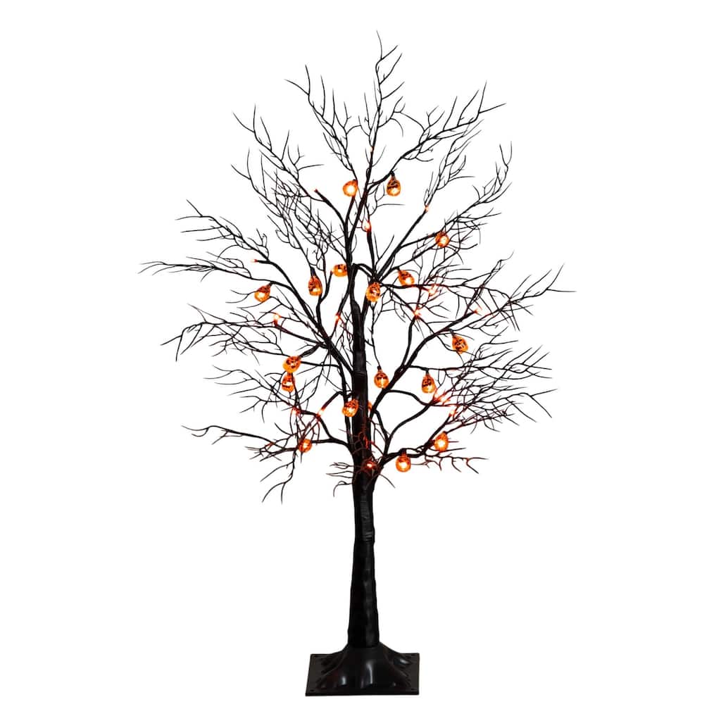Pre-Lit Pumpkin Artificial Halloween Black Twig Tree - 3' - Orange LED Lights