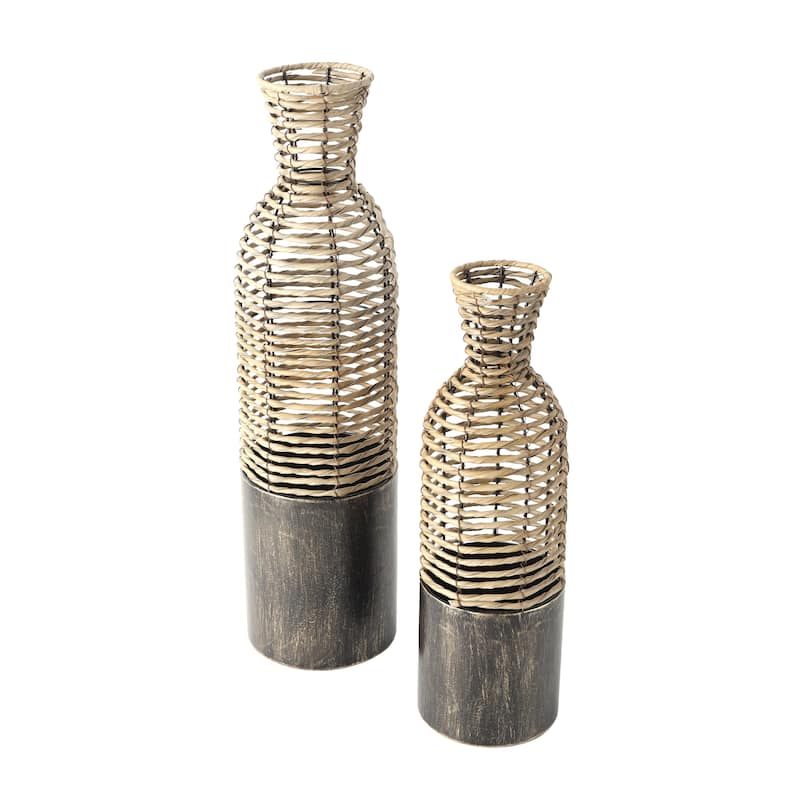 Plastic Rattan Handmade Open Framed Decorative Vase with Bronze Metal Bases - Set of 2 Light Brown - Roche River Decor