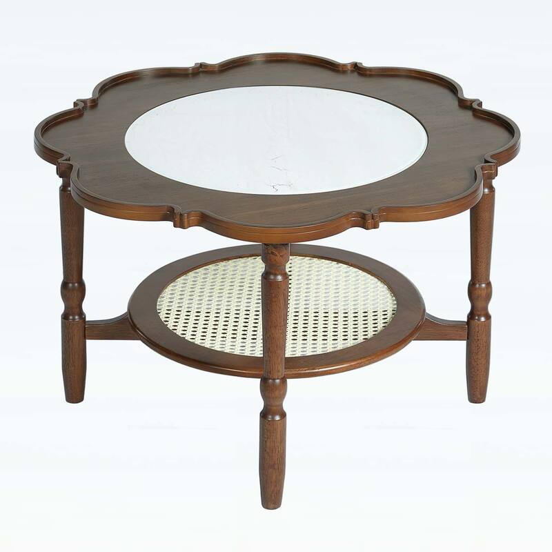 Mid-Century Style Coffee Table with Petal Shape and White Crackle Pattern Glass,2-Tiered Storage