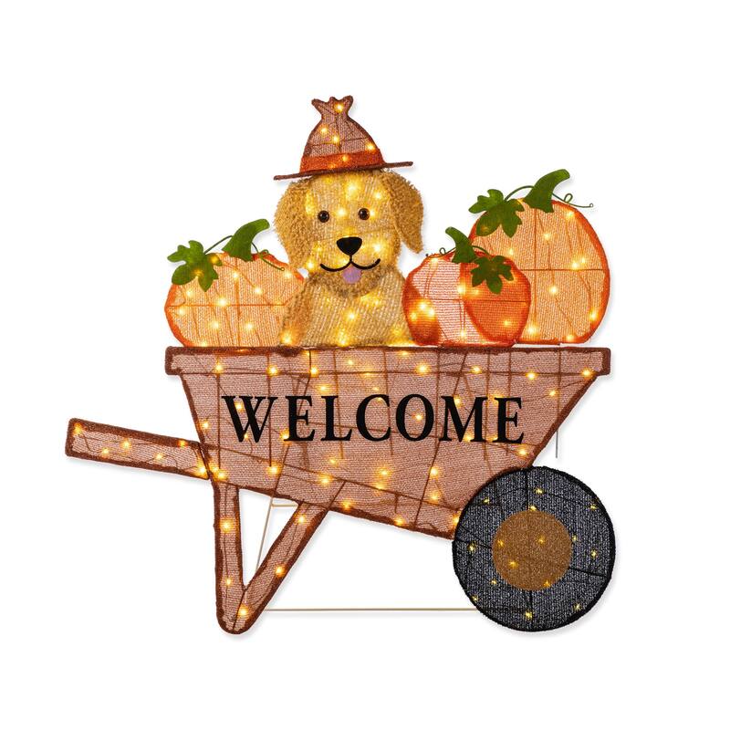 Glitzhome 3ft Lighted Fall Pumpkin Wheel Barrow with Labrador Outdoor Decor - 38.25"L x 0.5"W x 36.25"H