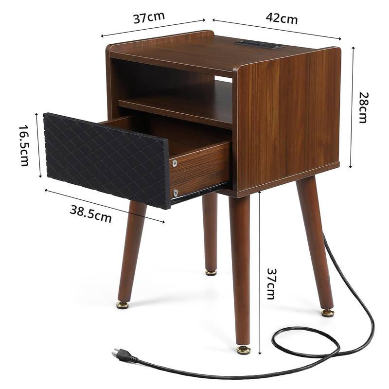 Mid Century Modern Nightstand with Charging Station and USB Ports, Night Stand with Drawers