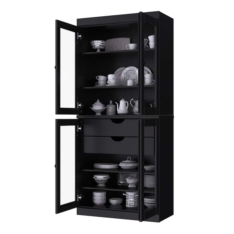Palace Imports 100% Solid Wood Pantry Cabinet with Frosted, Clear Glass or Solid Doors, 2-Drawers and Adjustable Shelves