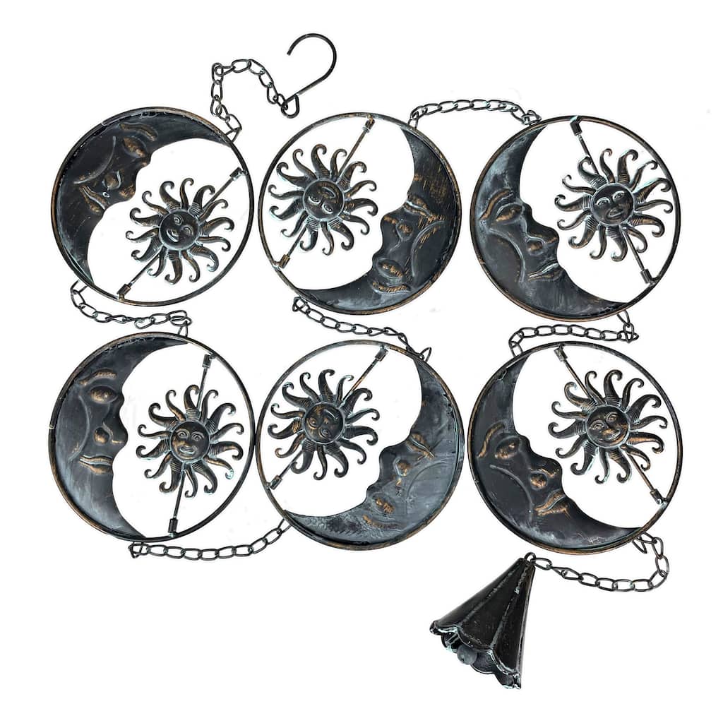 80-Inch Metal Rain Chain - 6 Celestial Crescent Moon & Suns, Verdigris - 6 X 80 X 6 inches