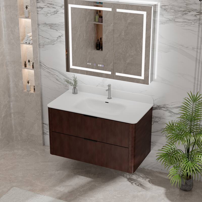 Modland Fluted Floating Vanity with Sink, Plywood Wall Mount Cabinet, Curved Edge, 24/30/36 Inch