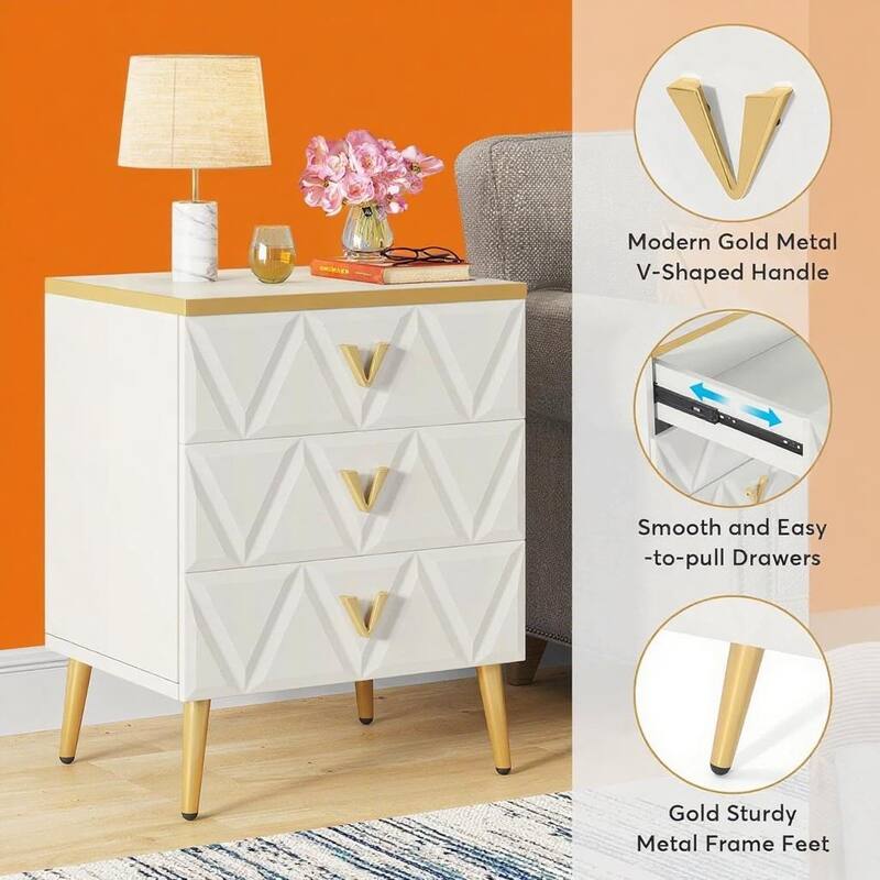 White-Gold Engineered Wood Nightstand Set of 2 with 3 Drawers and Metal Legs