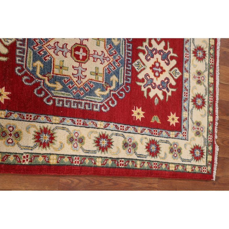Red Geometric Kazak Foyer Rug Hand-Knotted Wool Carpet - 2'10" x 4'2"