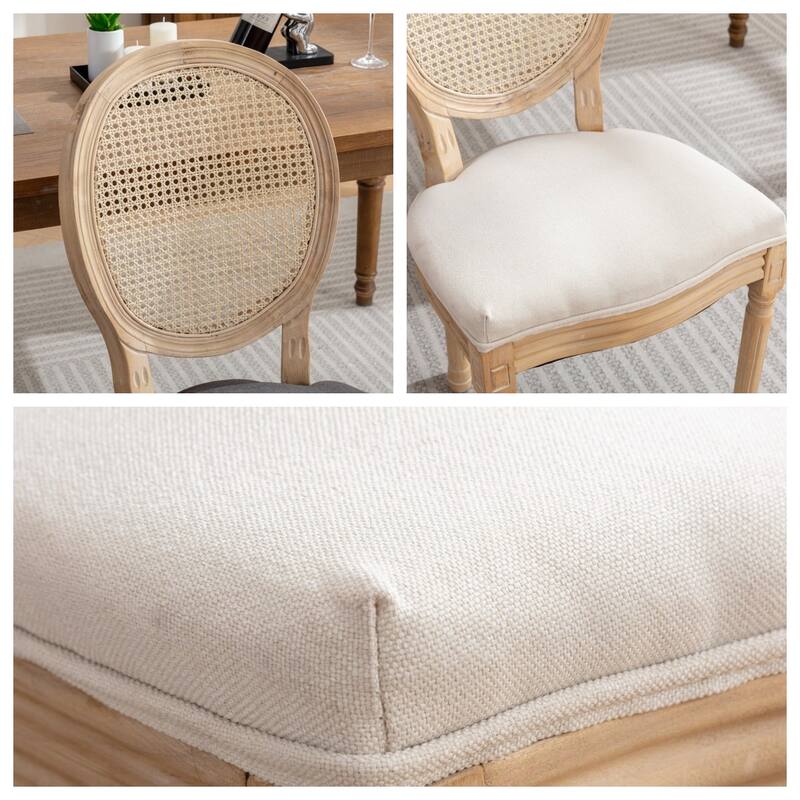 Antique Painting Linen Fabric Rattan Back Dining Chair Set of 2 - 23.00"L * 19.30"W * 37.8"H