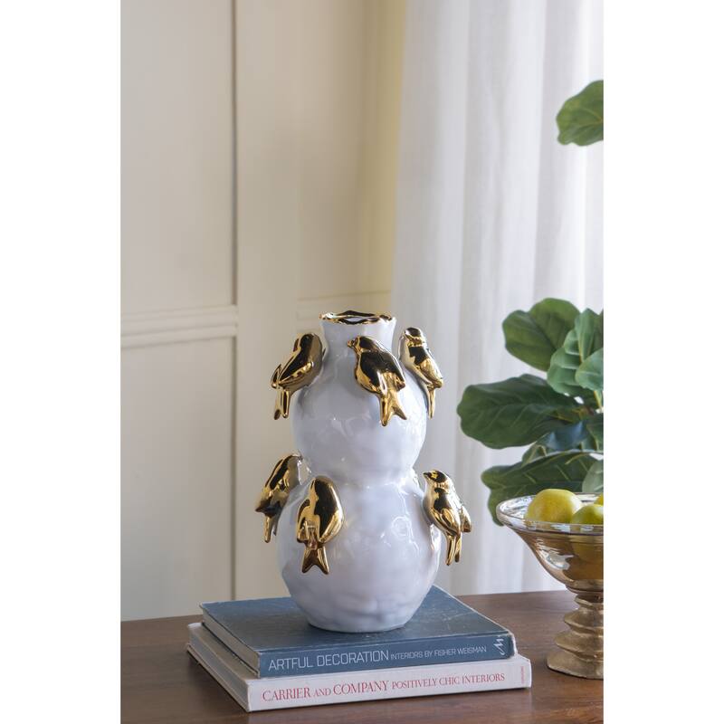 8.5x8.5x14" White Two-Tiered Ceramic Vase with Gold Bird Accents - White+Gold